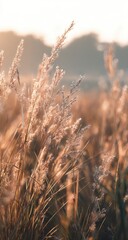 Golden hour illuminates tall grasses, their feathery seed heads softly backlit against a blurred, hazy landscape
