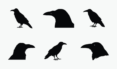 Raven bird silhouette, crow standing icon, spooky black bird vector, Halloween animal clipart