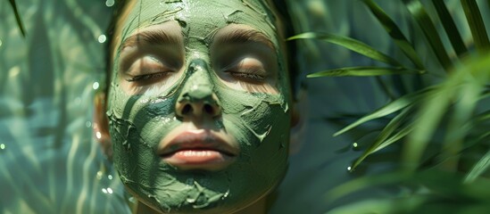 A woman's face is adorned with a glossy green clay mask, eyes closed in relaxation amid a backdrop of lush foliage