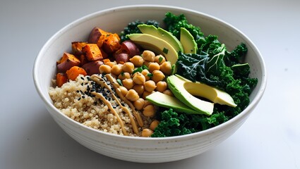 Roasted Sweet Potato Quinoa Bowl with Chickpeas Avocado and Kale