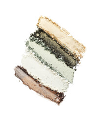 Colorful eyeshadows on white background, top view