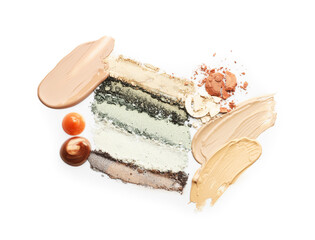 Different cosmetic products on white background, top view