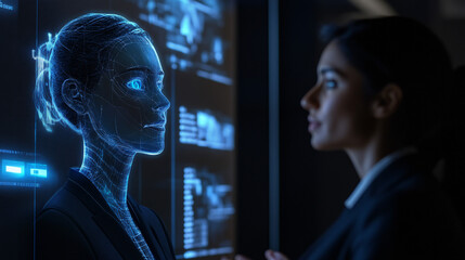 Futuristic Interface Woman Observing 3D Holographic Digital Face Scan