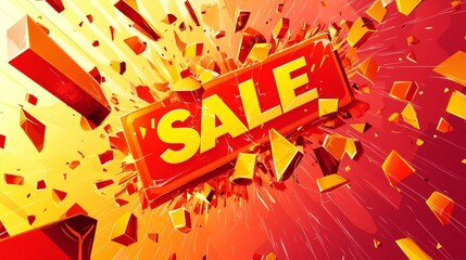 Explosion of red and yellow sale banners with broken glass shards flying through the air, symbolizing a massive price drop. The background is minimal, drawing attention to the text like 'Sale,' 'Disco