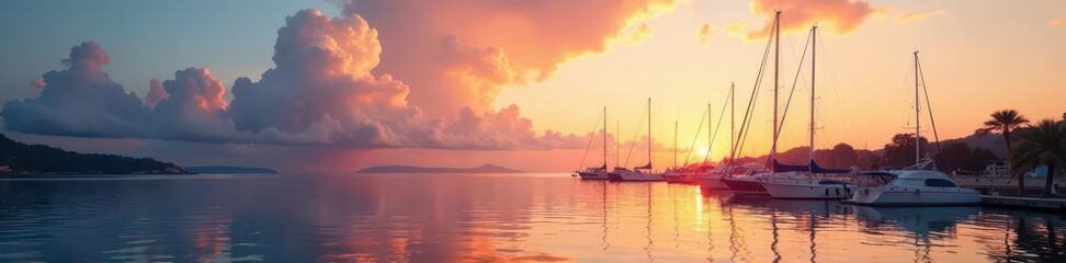 Fototapeta premium Softly lit clouds drift across marina waters at sunset, water, dusk ambiance