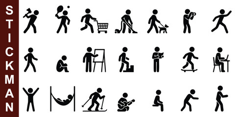 Minimal stickman icons set, depicting daily life activities, exercise, hobbies, and leisure in flat black silhouette style
