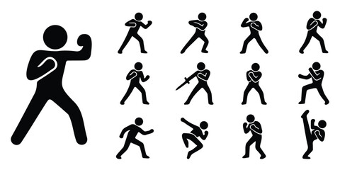 Stickman fighting action silhouettes showing martial arts, punching, and self-defense in bold icon style