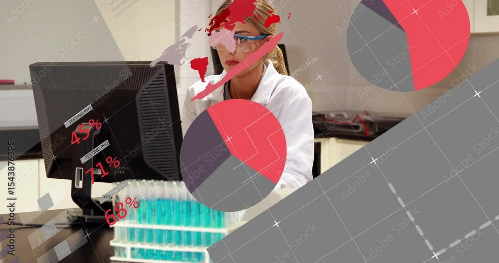 Poster researcher powering lab station and loading data for analysis while animated charts, maps unfolding
