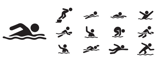 Stickman swimming poses collection showing various aquatic sport styles and actions in flat silhouette