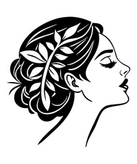 Elegant Female Portrait with Floral Hair – Black and White Vector
