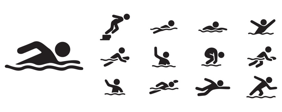 Stickman swimming poses collection showing various aquatic sport styles and actions in flat silhouette