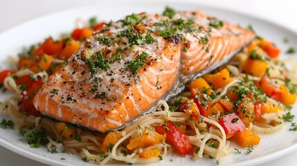 Freshly Cooked Salmon with Colorful Vegetables and Herbs