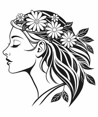 Elegant Female Portrait with Floral Hair – Black and White Vector
