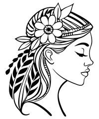 Elegant Female Portrait with Floral Hair – Black and White Vector
