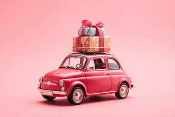 Valentine's Day,New year, small red retro toy car with a big gift on the roof on a pink background. Delivery of gifts for Christmas, World Women's Day. Sale concept.Copy space