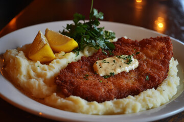 A plate of crispy Wiener Schnitzel rests beside fluffy mashed potatoes, garnished with parsley, and accompanied by wedges of lemon in a warm dining environment
