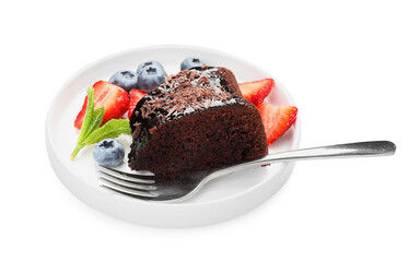 Piece of delicious chocolate bundt cake with strawberries, mint and blueberries isolated on white