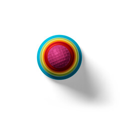 A colorful abstract representation of a spherical object with layered textures and vibrant colors.