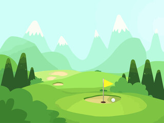 Obraz premium Golf course landscape with flag, green hills, pine trees and large golf ball illustration