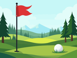 Golf course landscape with flag, green hills, pine trees and large golf ball illustration