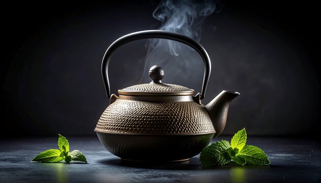 Steaming Teapot with Mint Leaves. - Powered by Adobe