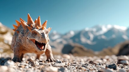 A lifelike dinosaur figure stands majestically in a rocky landscape with mountains in the background, capturing the awe of prehistoric creatures in modern-day settings.