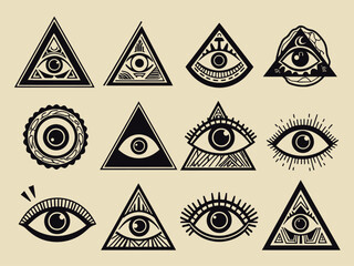 All Seeing Eye icons set pyramid Illuminati symbol