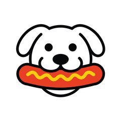 cute cartoon dog holding hot dog with mustard, fun and playful food-themed pet character perfect for logo, icon or sticker design