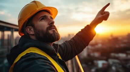 A focused man in a hard hat gestures towards a breathtaking sunset skyline, symbolizing ambition, aspiration, and the pursuit of a brighter future in his construction role.