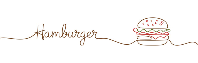 minimal line art illustration of a hamburger with handwritten text, modern black and white sketch icon for fast food branding or menu design