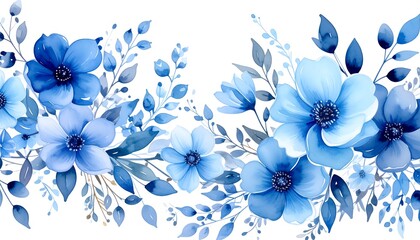 Blue Floral Watercolor Border.