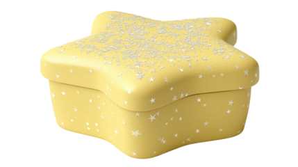 Cute star-shaped box with sparkles, gift idea, pastel yellow color, isolated on white, PNG