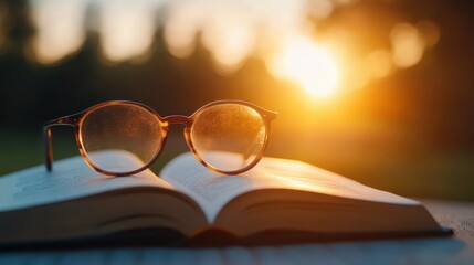 An inviting scene capturing a pair of glasses laid on a book, basking in the warm glow of a sunset, symbolizing knowledge and clarity amidst the tranquility of nature.