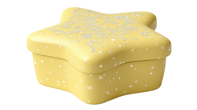 Cute star-shaped box with sparkles, gift idea, pastel yellow color, isolated on white, PNG