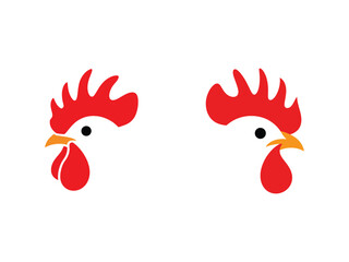 two stylized rooster heads facing each other, minimalistic farm animal illustration with red combs and wattles on white background