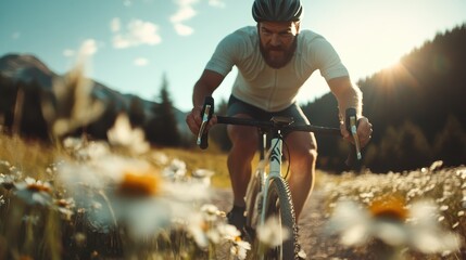 A determined cyclist speeds through a field of blooming wildflowers, capturing the essence of adventure and freedom in the great outdoors under a clear blue sky.