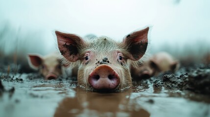 A cute piglet splashes in a muddy puddle, embodying playful innocence and the charm of rural life, set against a soft, foggy backdrop that enhances the scene's cuteness.