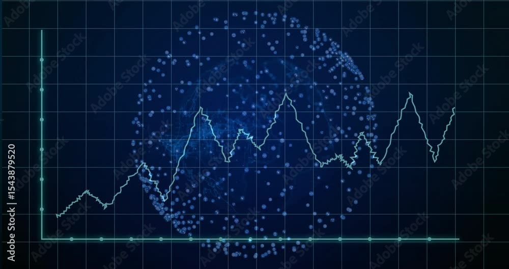 Poster animated light-blue graph line emerging from left axis and oscillating on grid showing data trend