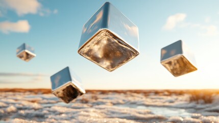 A surreal image featuring metallic cubes levitating over a serene landscape, blending reality and abstract art to evoke curiosity and wonder in viewers.