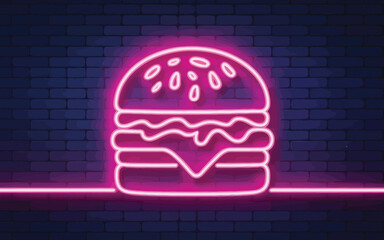 glowing neon burger sign on brick wall background representing fast food icon with cheese, lettuce, and bun in trendy urban art style © Zavivec