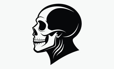 Skull silhouette profile, side view skull icon, black and white vector, Halloween design art, spooky bone illustration