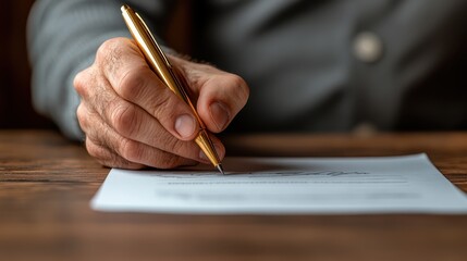 A close-up shot of a hand elegantly writing on paper using a gold pen, symbolizing professionalism, creativity, and the timeless act of communication through handwritten documents.