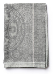 A folded decorative cloth with intricate patterns in shades of gray, suitable for table settings or home decor.