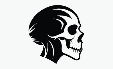 Skull silhouette profile, side view skull icon, black and white vector, Halloween design art, spooky bone illustration