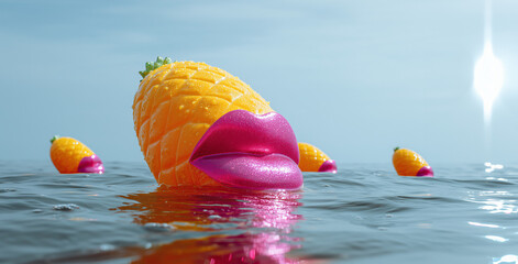 Glossy lips on floating pineapple floaty – surreal summer scene with ocean reflection.