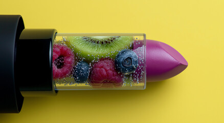 Lipstick bullet capsule filled with summer fruit – kiwi, raspberry and blueberry on bright yellow macro background.