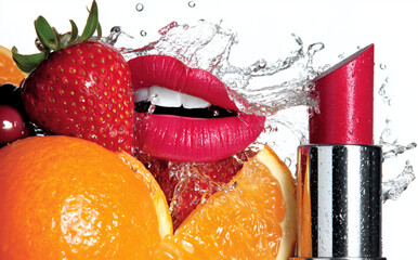 Lipstick, fruits and red lips in water splash – vibrant beauty concept with juicy motion.