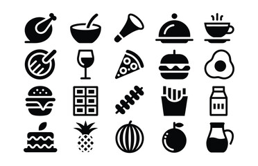 collection of 20 black food icons including chicken, soup, wine, burger, coffee, pizza, cake, fruits, kitchen tools and beverages