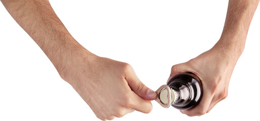 A person is opening a bottle with a cork stopper, showcasing the action of uncorking.