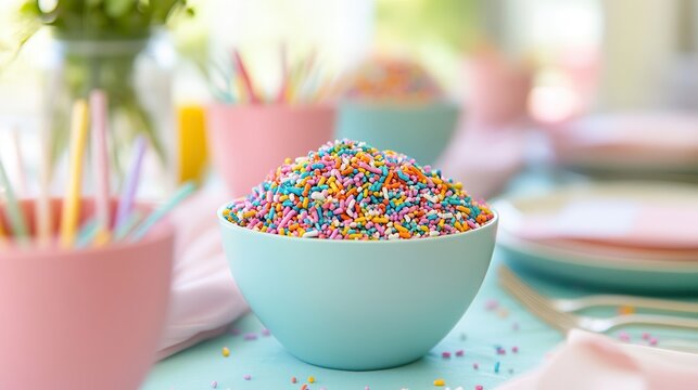 Colorful sprinkles in a light blue bowl.